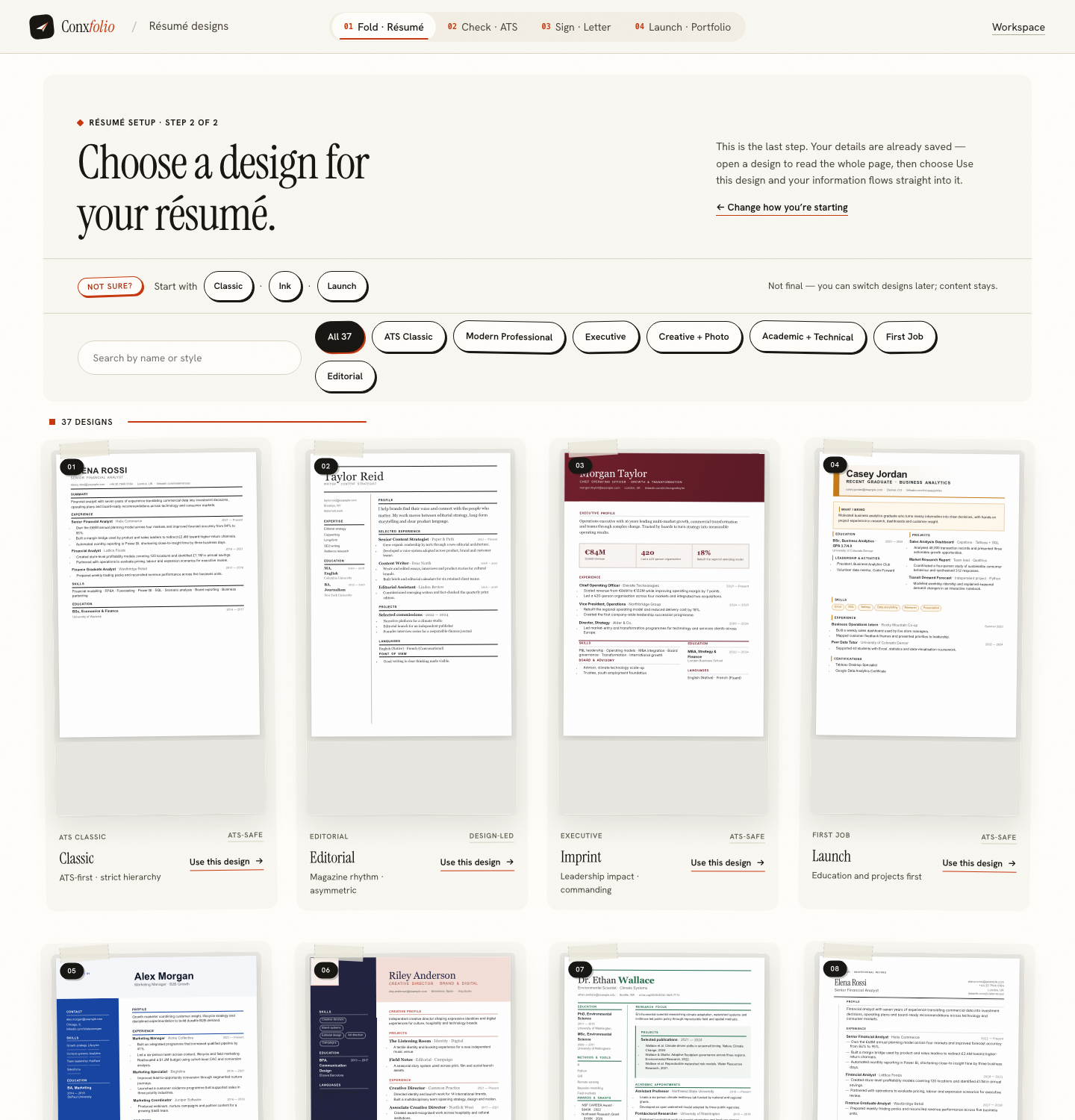 The design step showing rendered résumé designs with a note that the choice is not final and content stays