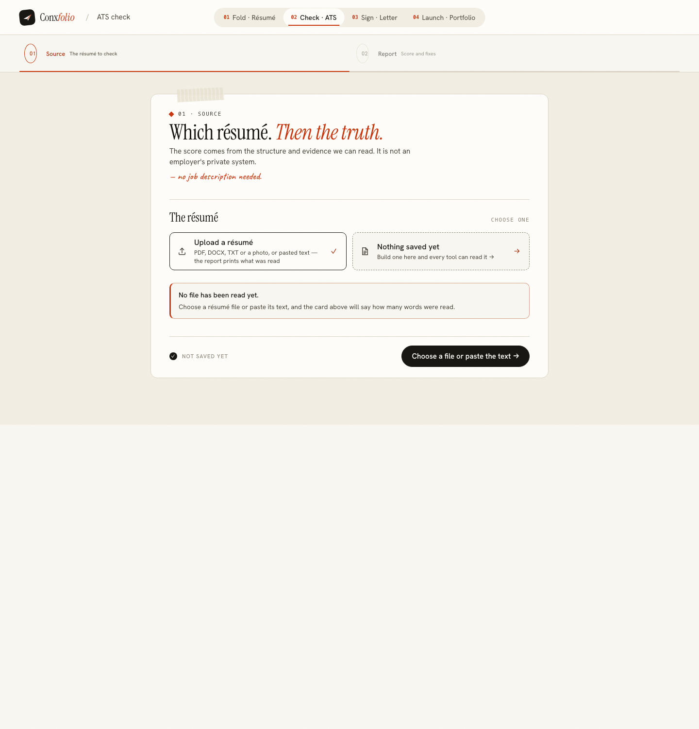 The ATS checker's source step, offering a saved résumé or an upload for this check alone
