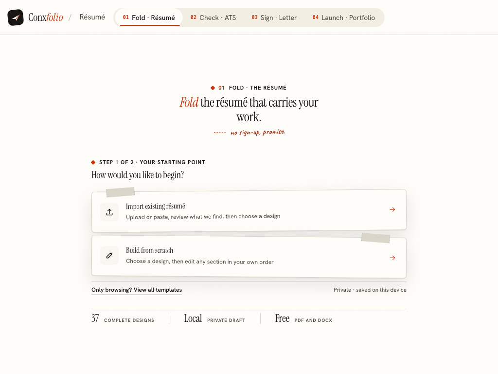 The same résumé builder at 1024 pixels wide in landscape
