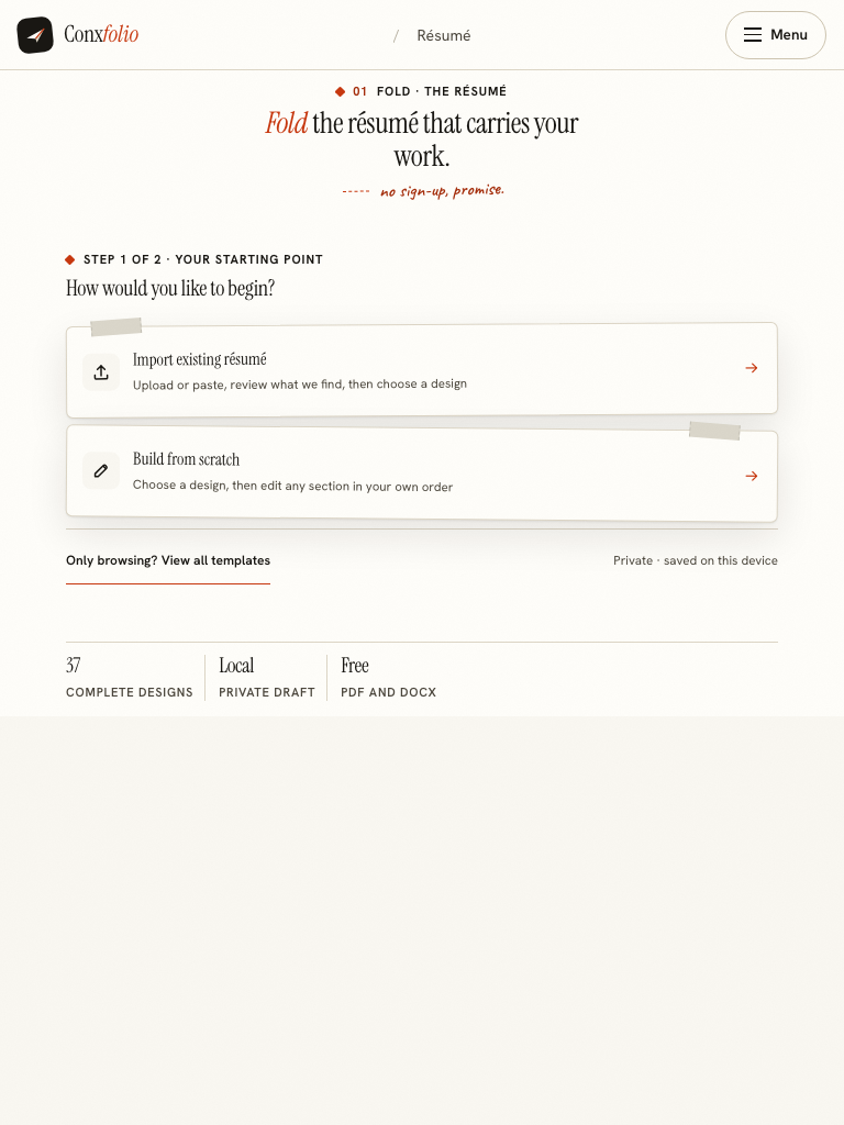 The Conxfolio résumé builder at 768 pixels wide in portrait, with the starting doors stacked