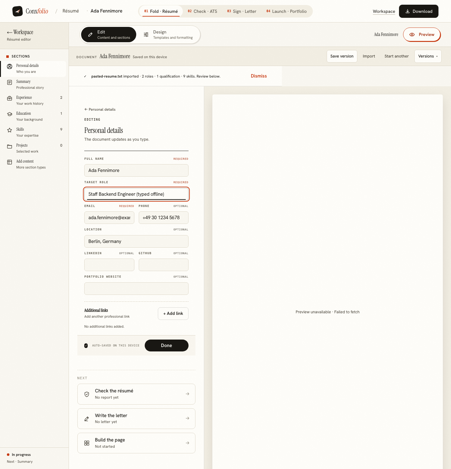 The Conxfolio résumé editor still responding after the browser context was switched to offline, with the target role field edited