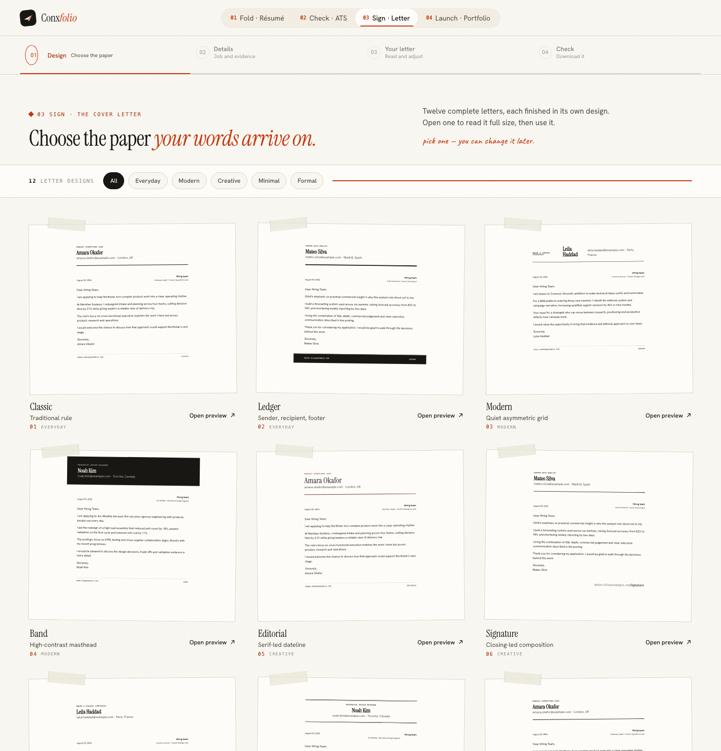 The cover letter design step showing twelve complete letter designs