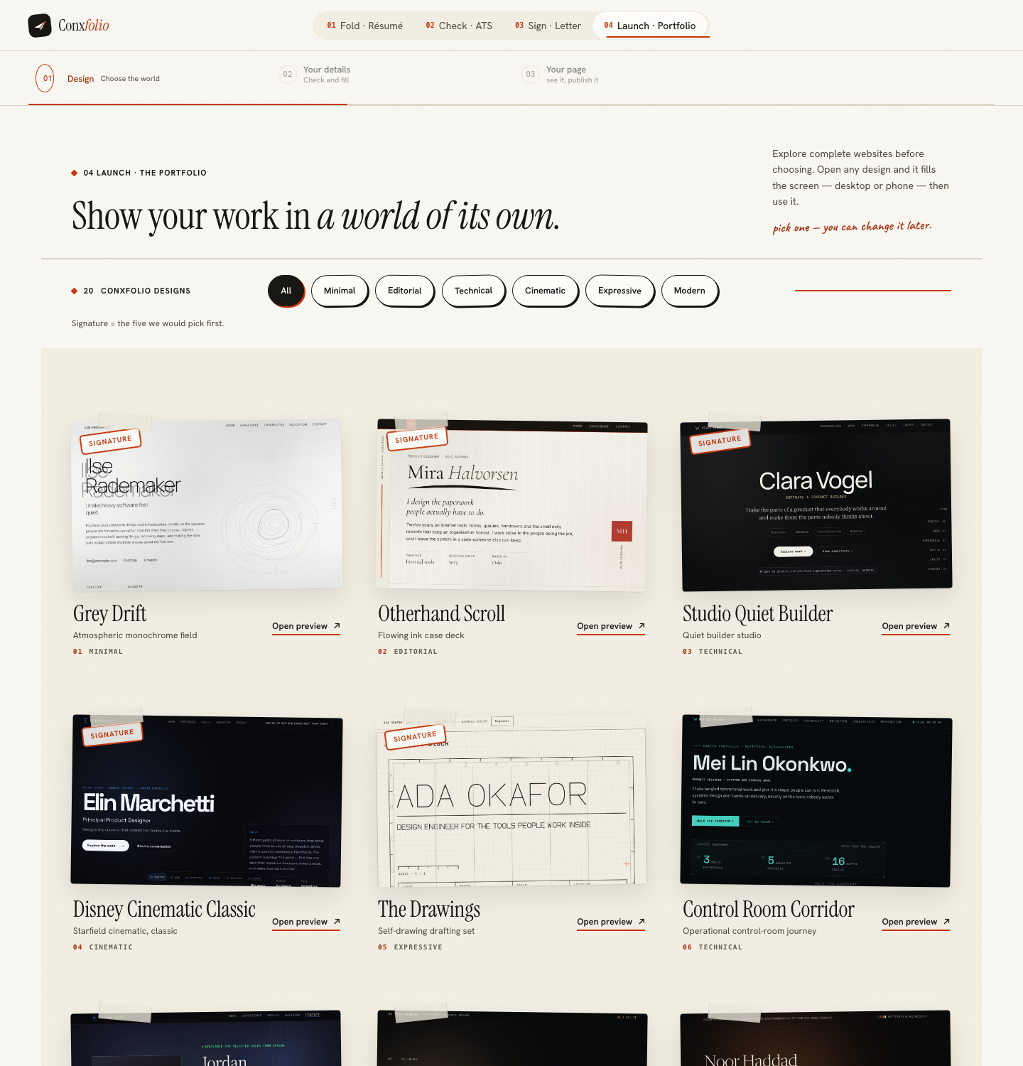 The Conxfolio portfolio design gallery showing twenty complete website designs across six directions