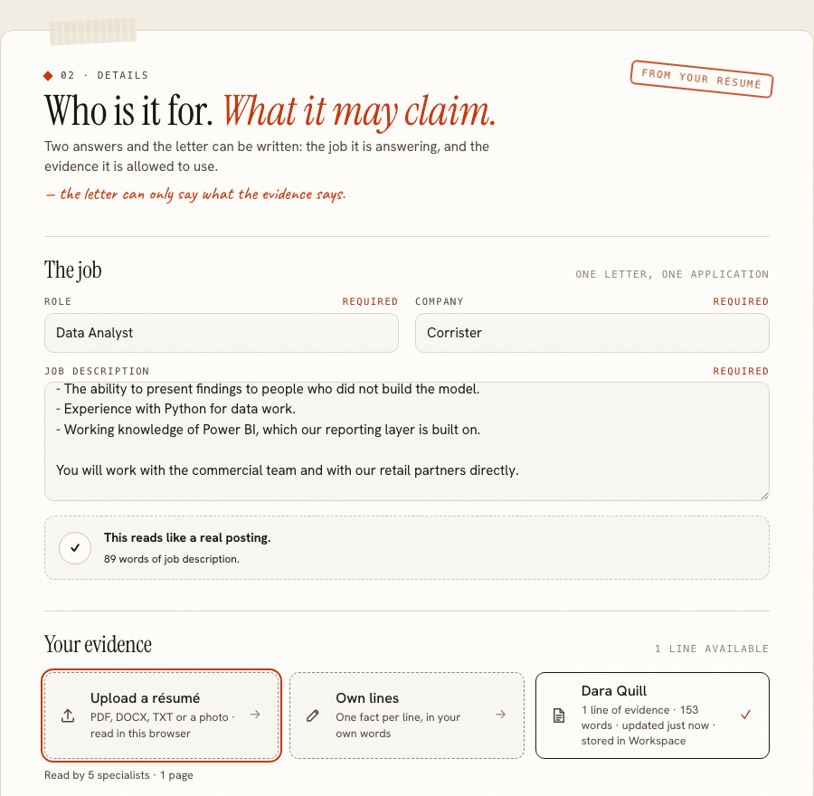 The cover letter builder's details step, showing role, company, the posting and the evidence source