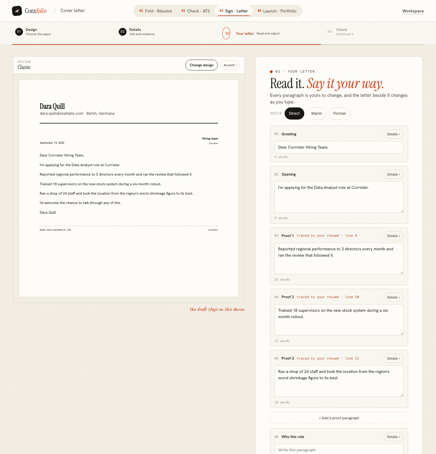 The cover letter builder's third step, showing the drafted letter in editable blocks