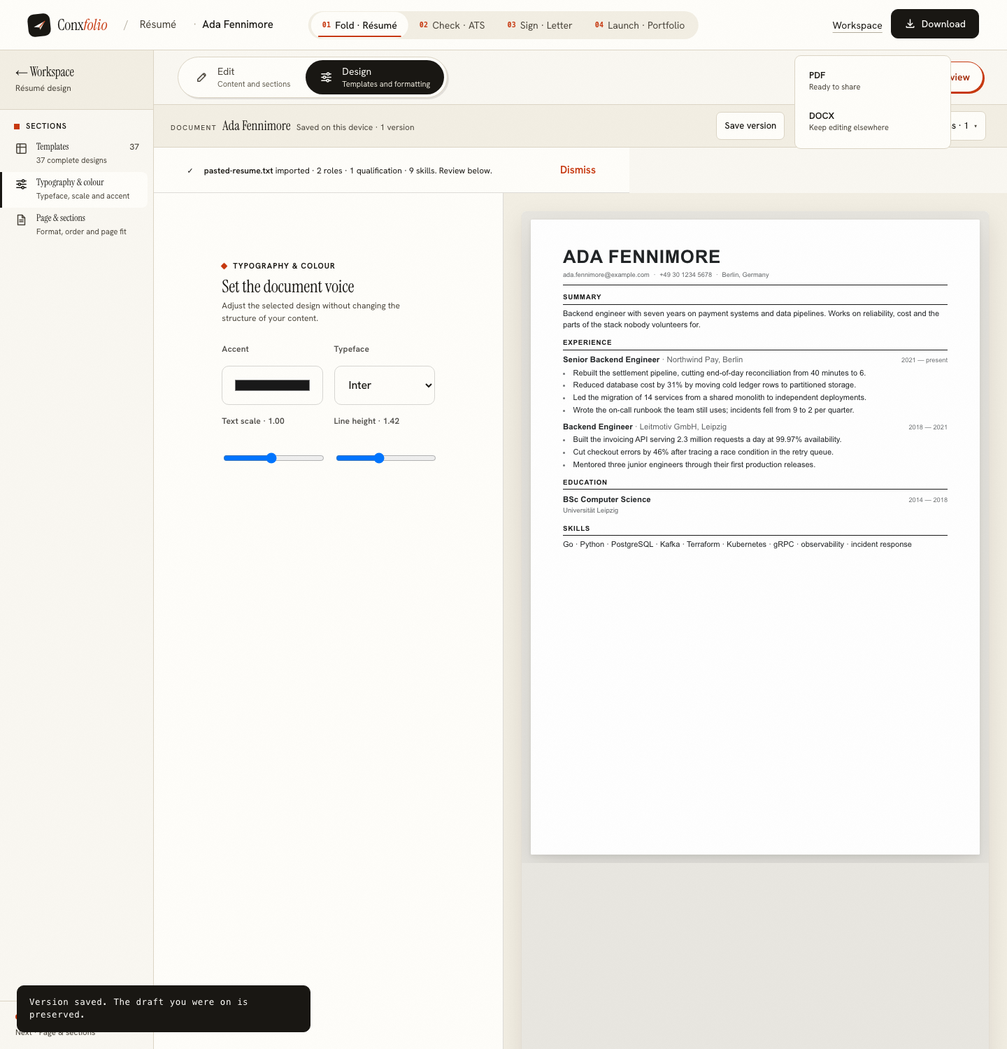 The Conxfolio résumé editor with the download menu open, offering PDF and DOCX