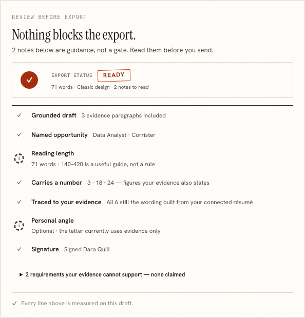 The review step reporting export status, evidence paragraphs, named opportunity and reading length