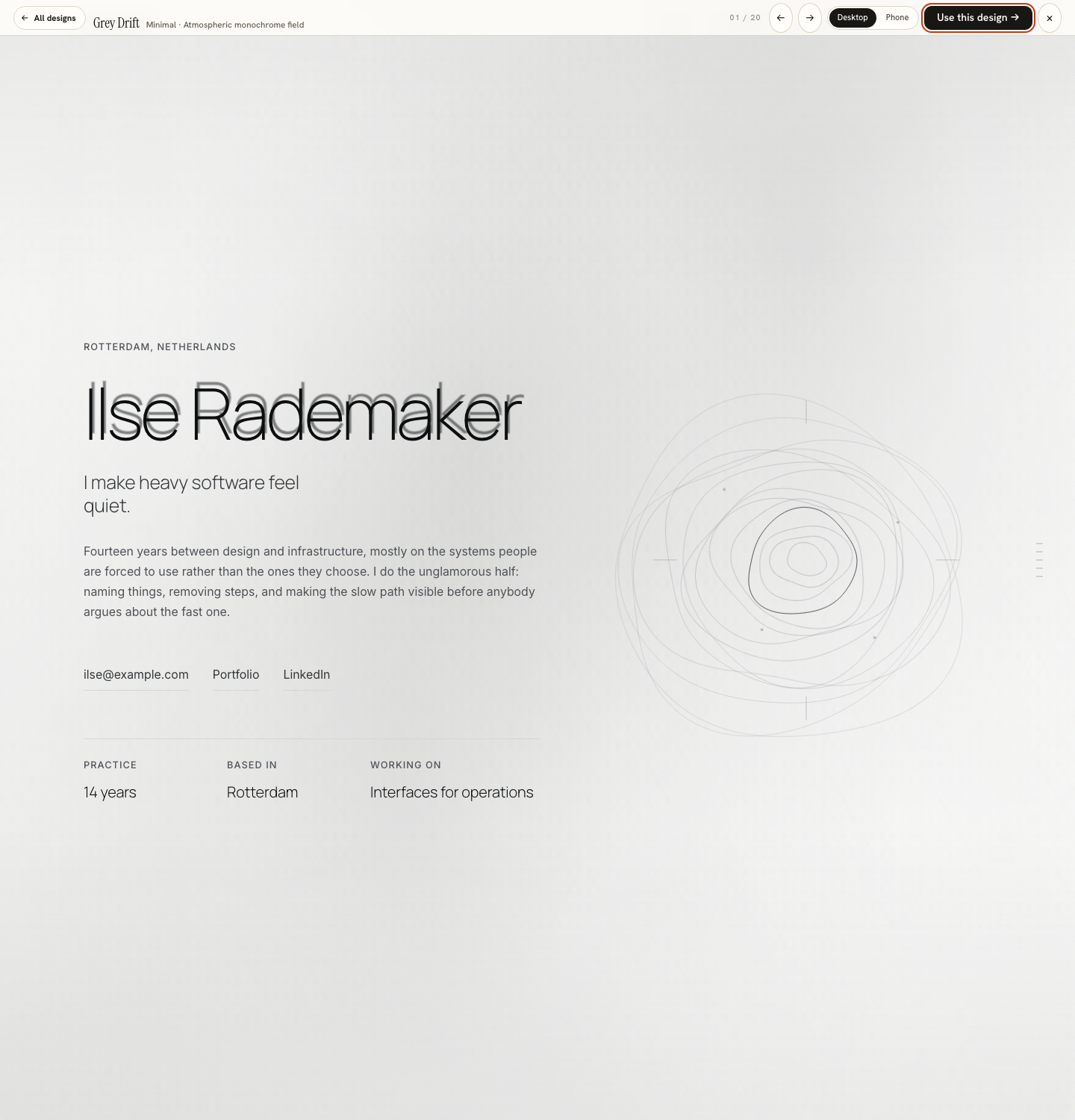 A portfolio design at full size, its motion resolved into the static pose the page holds