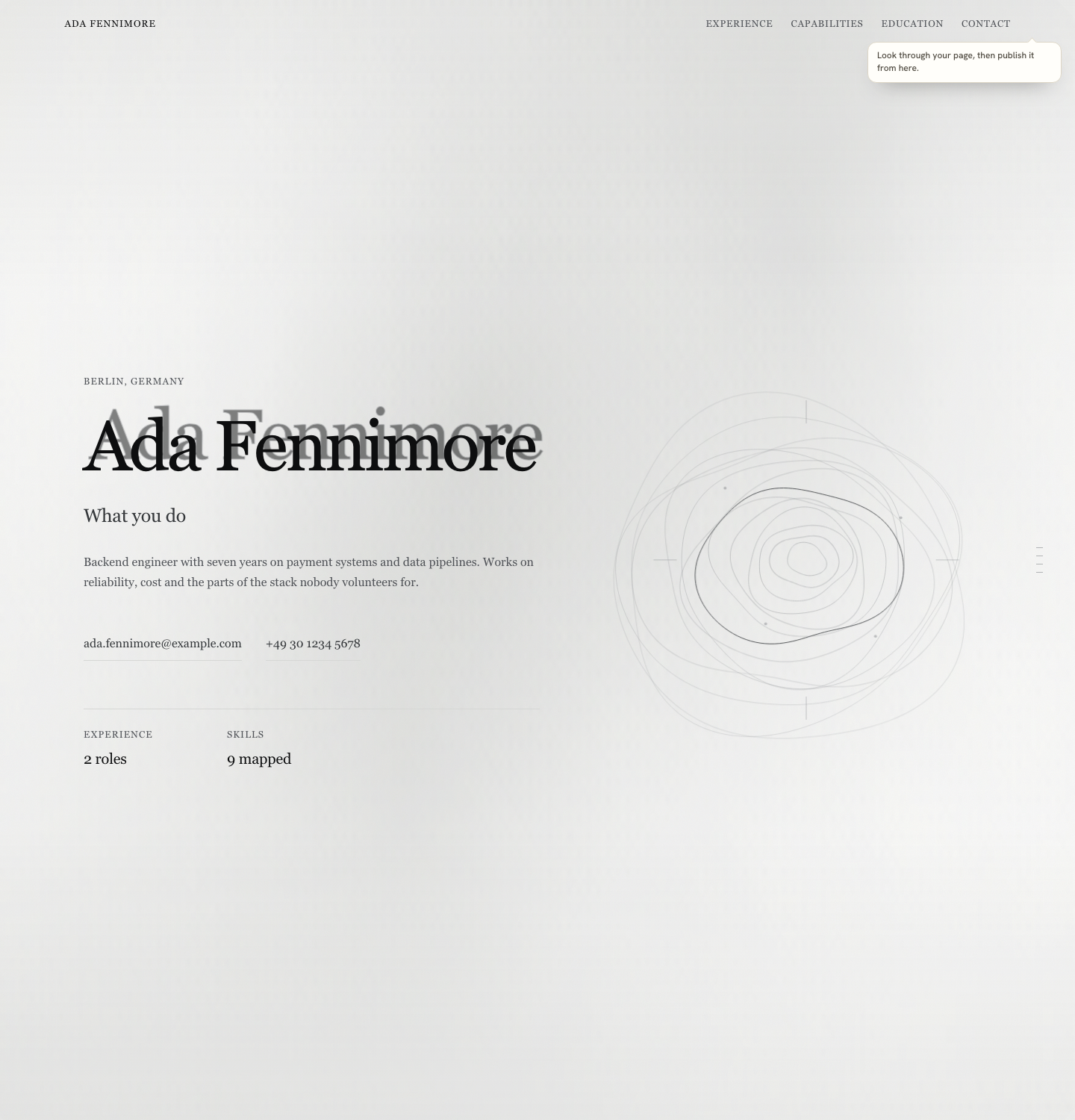 The portfolio page step rendering the real page at desktop width inside the builder