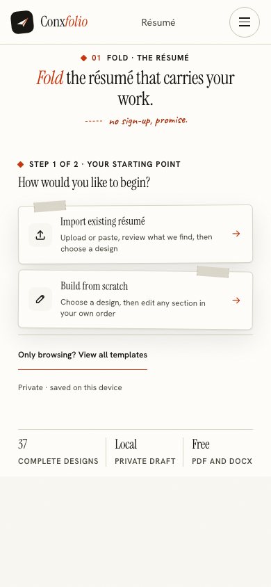 The résumé builder at phone width