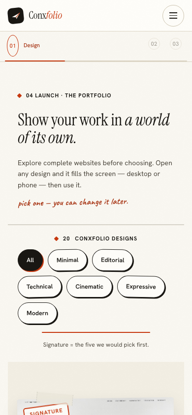 The portfolio design gallery itself at phone width