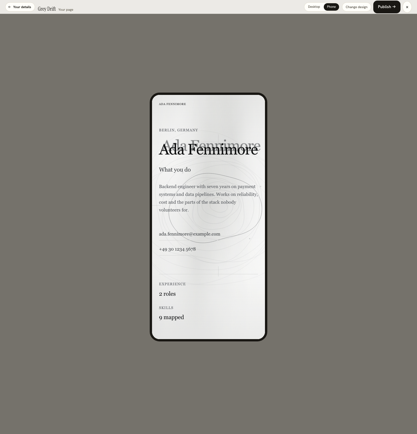 The portfolio check step showing the real page rendered inside a phone frame at 390 pixels wide