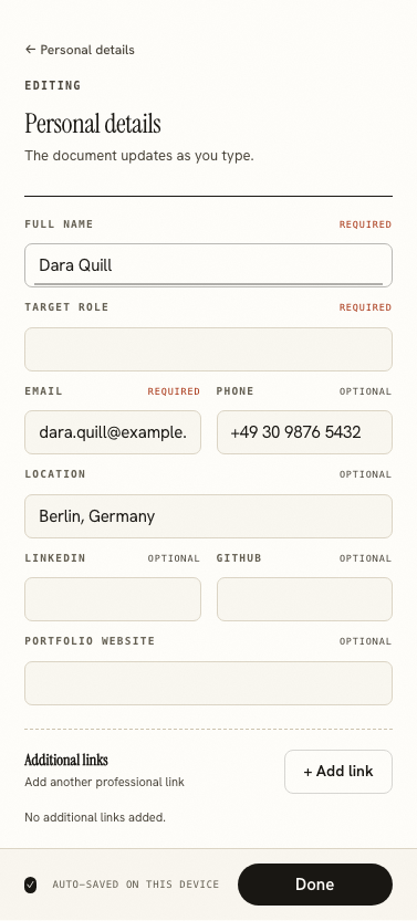 The identity editor showing optional GitHub and portfolio fields