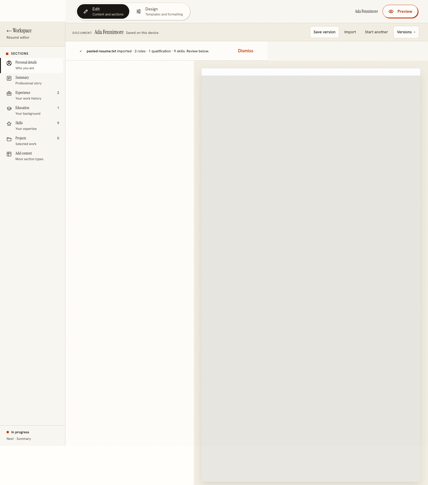 The résumé builder rendered under print media rules