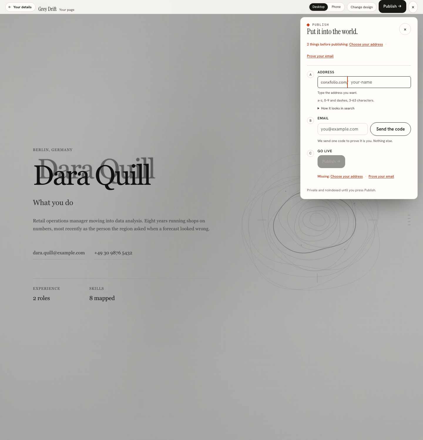 The publish sheet over the page, listing two things before publishing: choose your address and prove your email