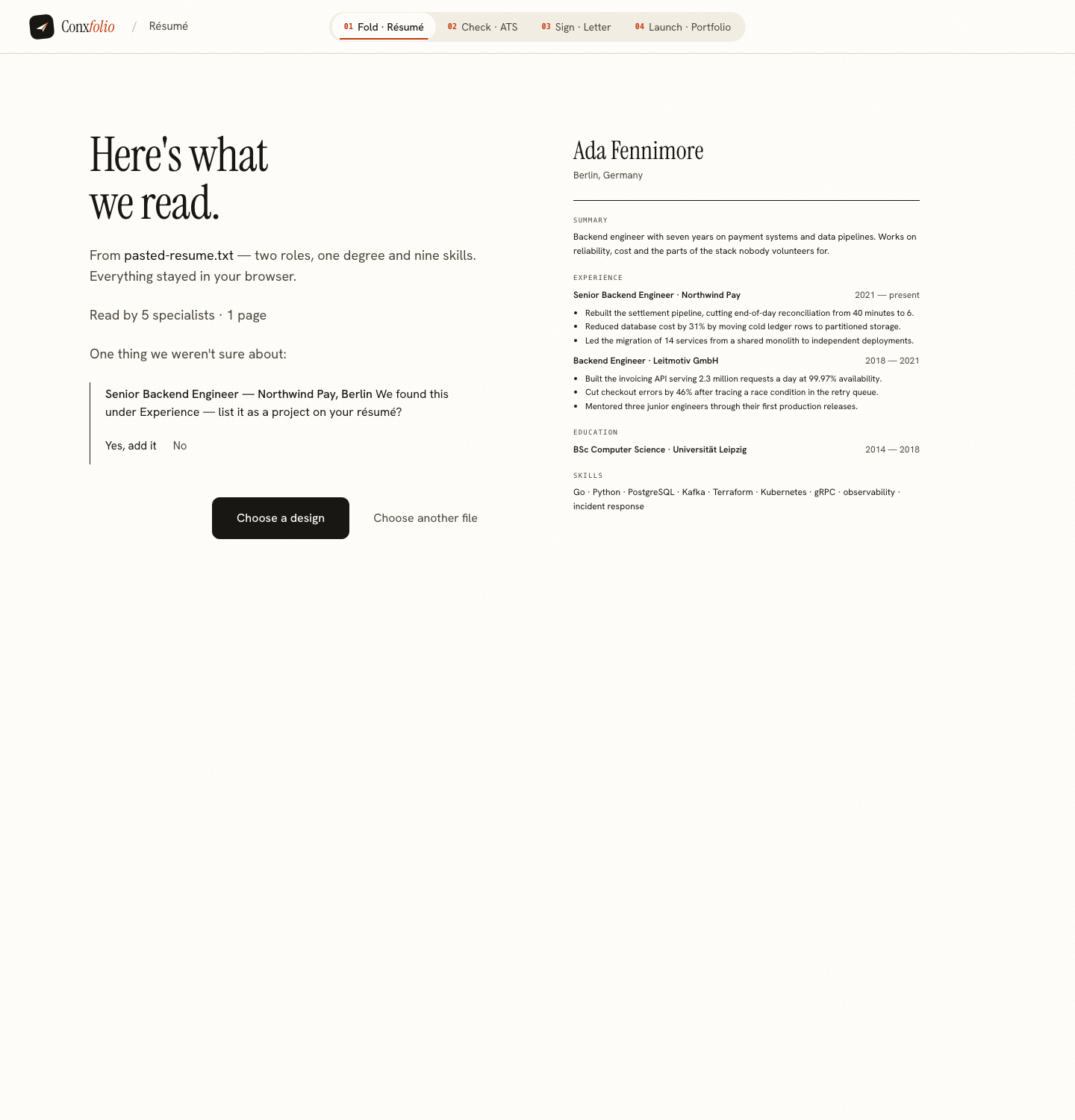 The import review showing one open question about whether a role read under Experience should be listed as a project, with two answers