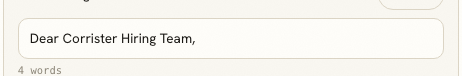 One block of the letter as an editable field with a word count