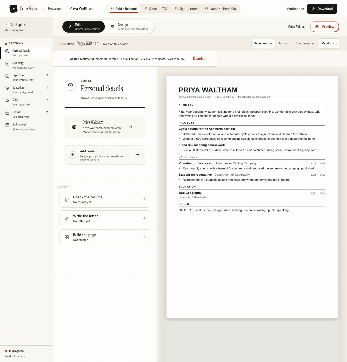 The résumé editor with the document rendering beside the sections being edited