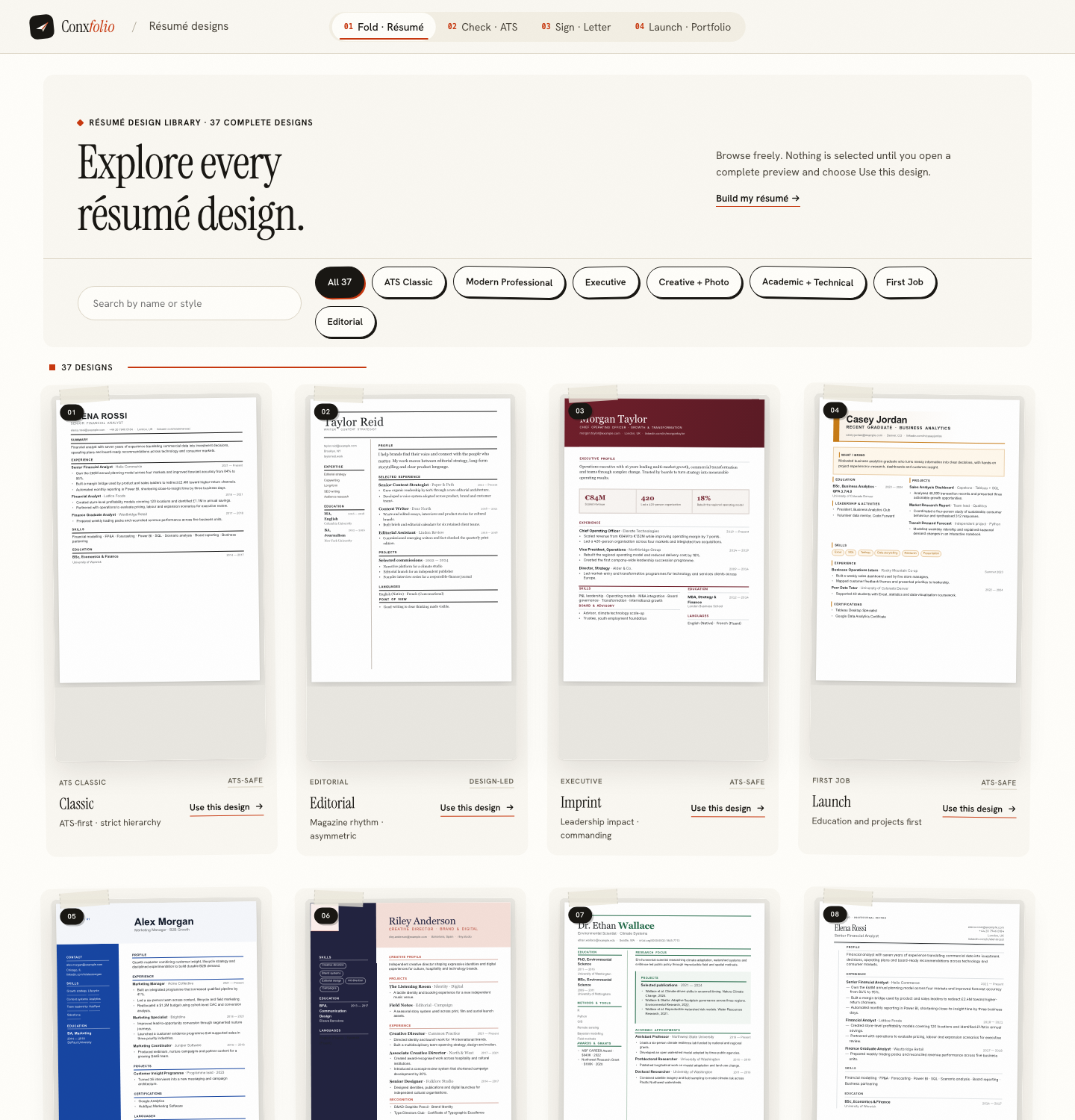 The résumé design library showing all 37 designs with the ATS-safe ones marked