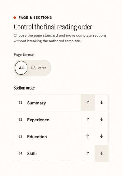 The page and sections panel listing summary, experience, education and skills with arrows to move each