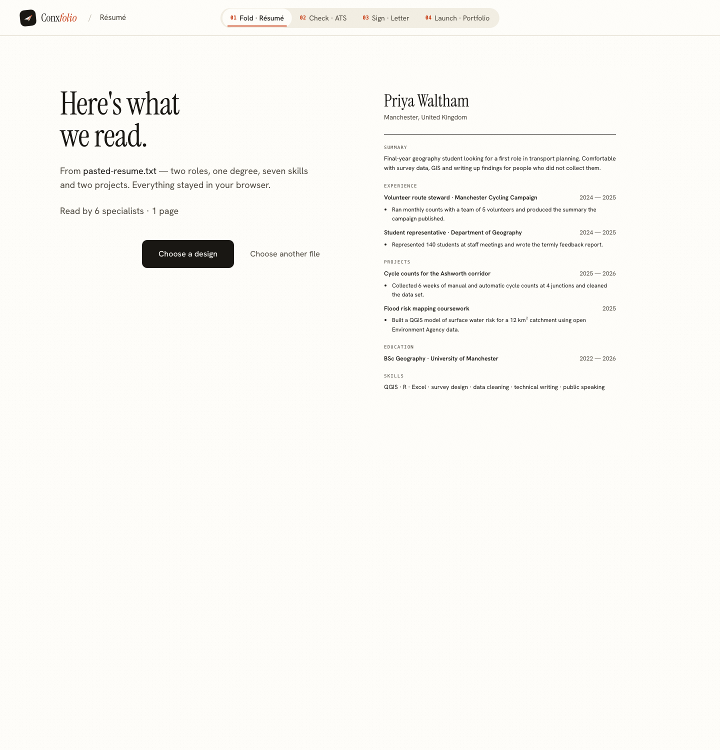 The import review after a student résumé was read, showing the sections that were found and the fields reported as not found