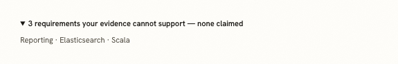 The gaps line reading: three requirements your evidence cannot support, none claimed, naming reporting, Elasticsearch and Scala
