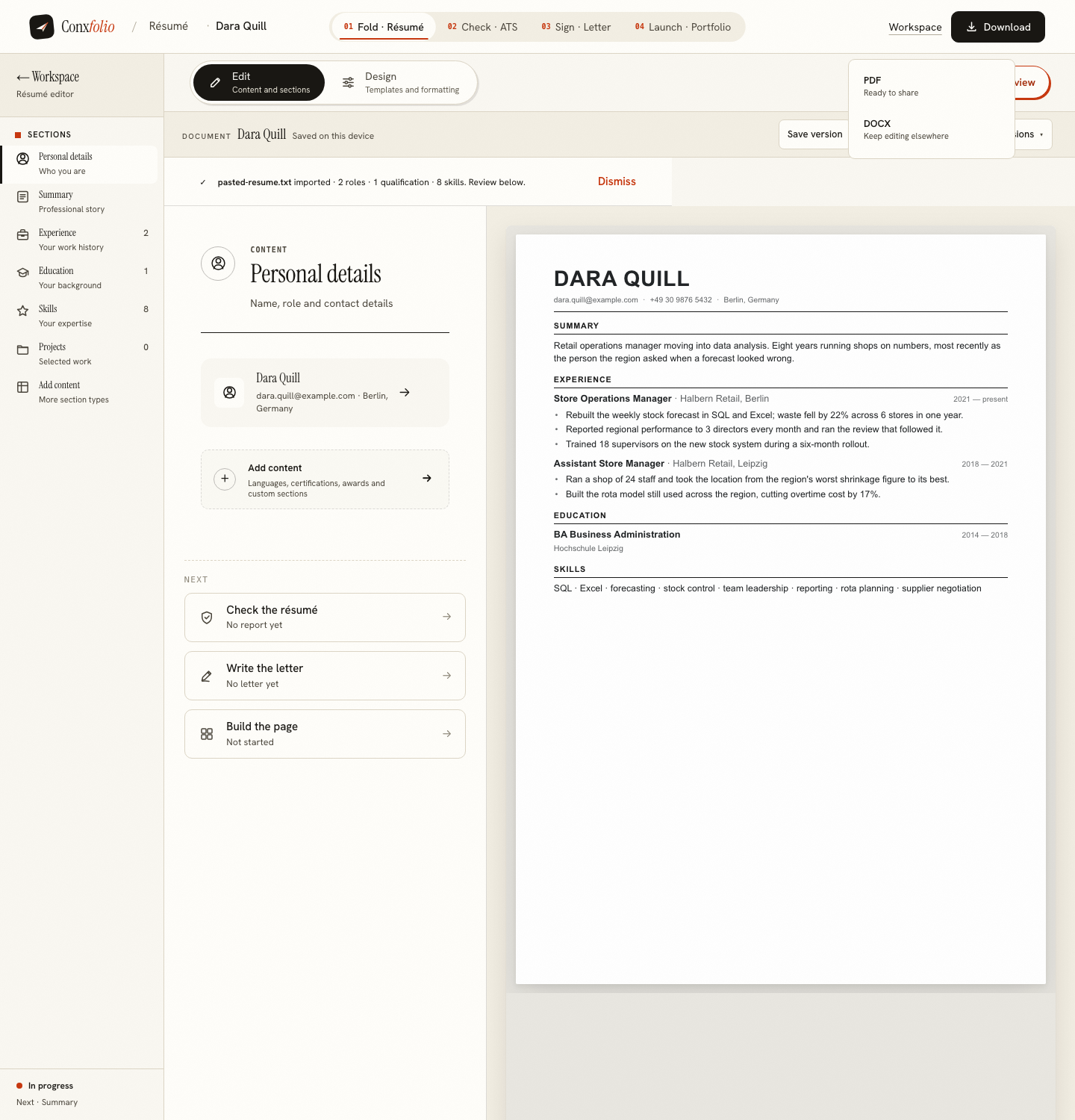 The résumé editor, with the document rendering beside the sections being edited