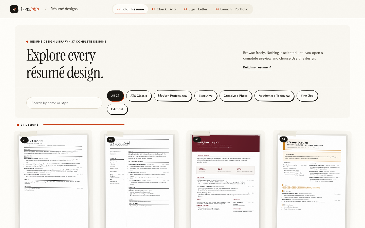 The Conxfolio résumé design gallery, each card rendering a complete page and marked either ATS-safe or design-led