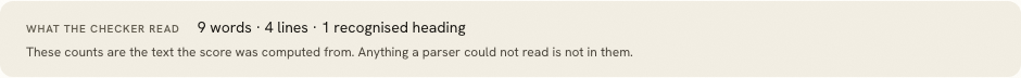 The same line on a four-line draft, reading 9 words, 4 lines, 1 recognised heading