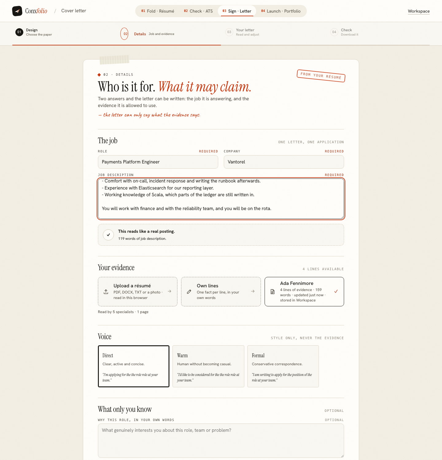 The cover letter details step, asking for the role, the company, the posting and the evidence the letter may use