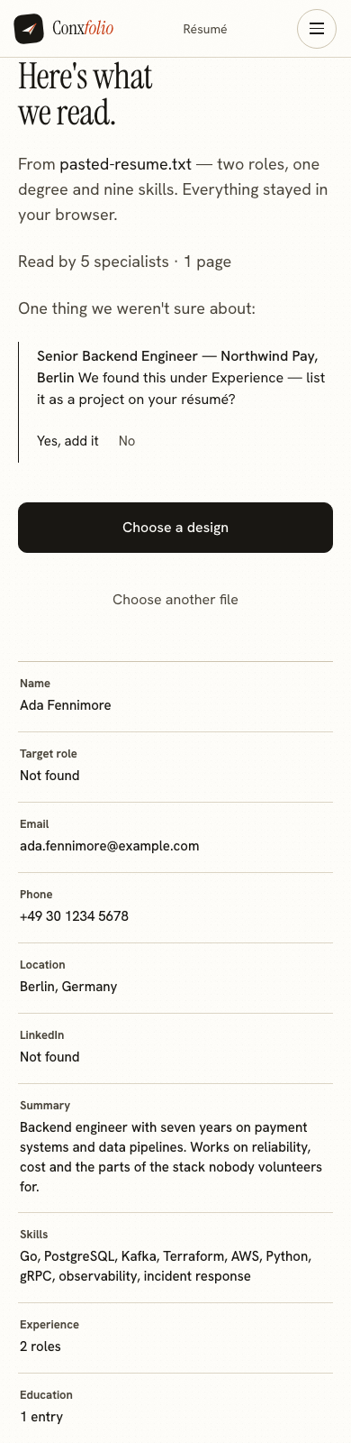 The import review at 390 pixels, listing the fields read out of the pasted résumé