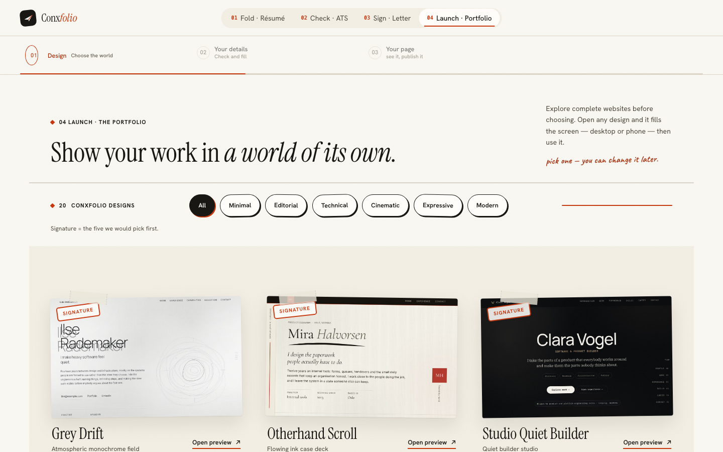 The Conxfolio portfolio design gallery showing complete authored websites