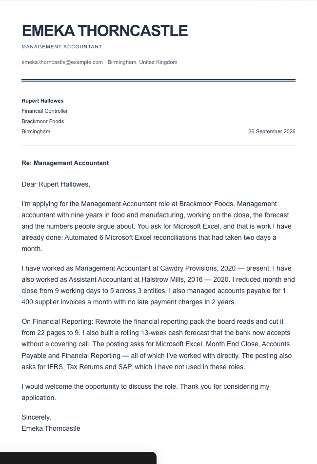 The finished cover letter in the letter builder in the Ledger design: sender block, date, recipient block, subject line, salutation, four paragraphs and a sign-off