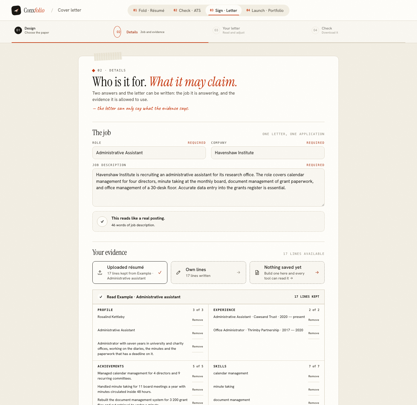 The Conxfolio cover letter builder on step 02 Details, opened by this page's own door, with the role Administrative Assistant, the company Havenshaw Institute, the posting and the four evidence groups loaded