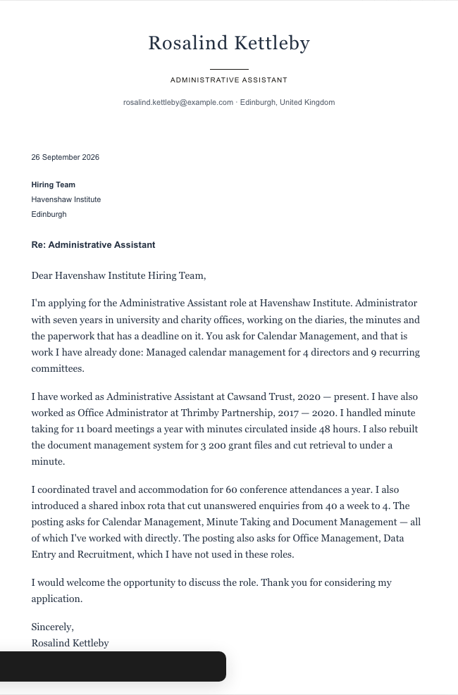 The finished cover letter in the letter builder in the Formal design: sender block, date, recipient block, subject line, salutation, four paragraphs and a sign-off