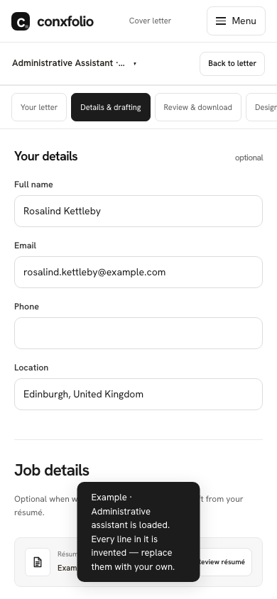 The same Details & drafting section on a 390 pixel phone screen, showing the role, the company and the posting loaded from the example