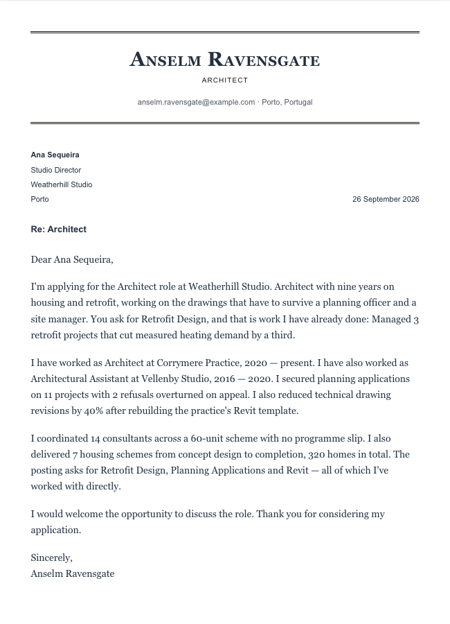 The finished cover letter in the letter builder in the Academic design: sender block, date, recipient block, subject line, salutation, four paragraphs and a sign-off