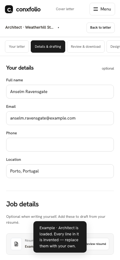 The same Details & drafting section on a 390 pixel phone screen, showing the role, the company and the posting loaded from the example