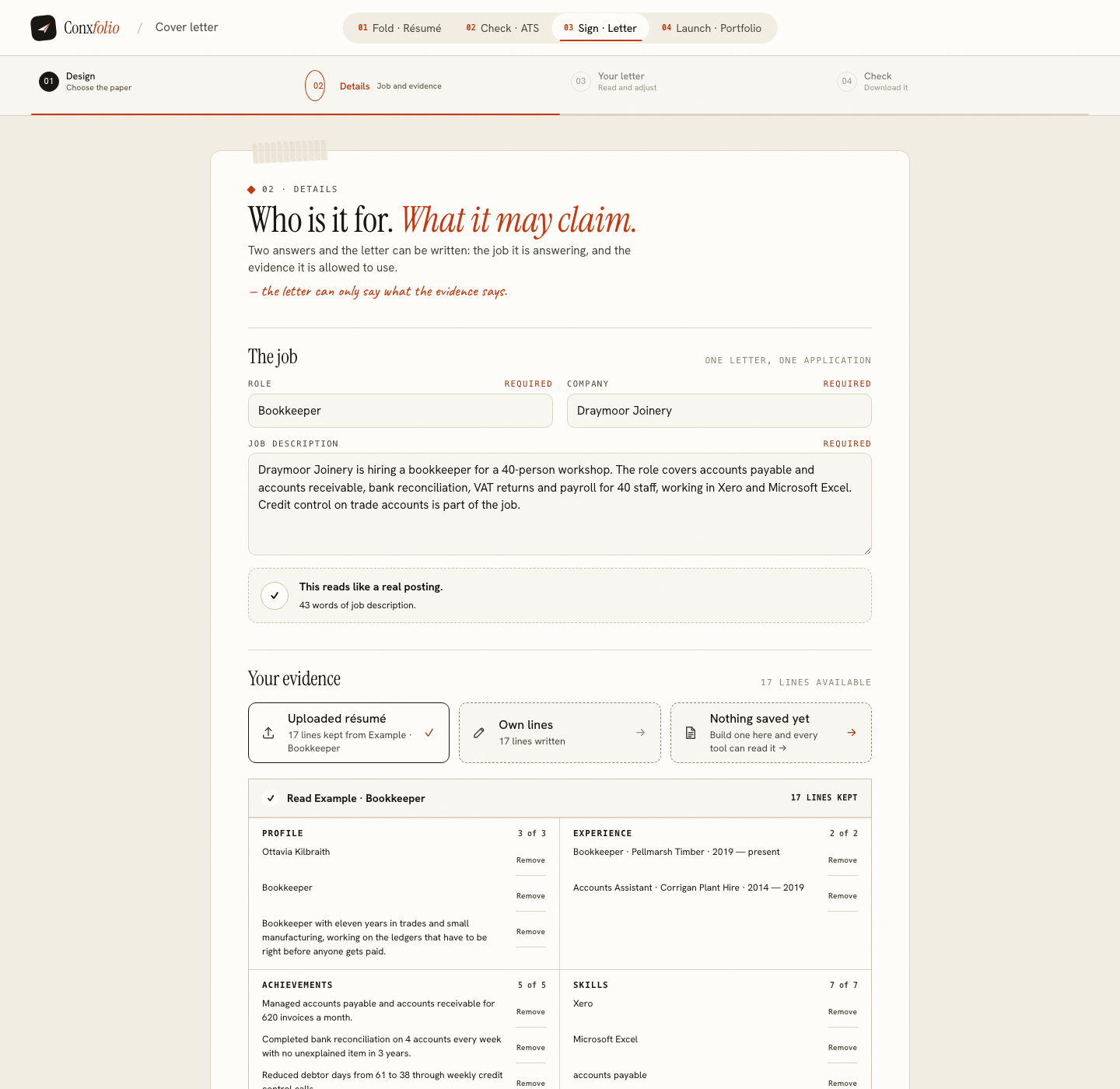 The Conxfolio cover letter builder on step 02 Details, opened by this page's own door, with the role Bookkeeper, the company Draymoor Joinery, the posting and the four evidence groups loaded