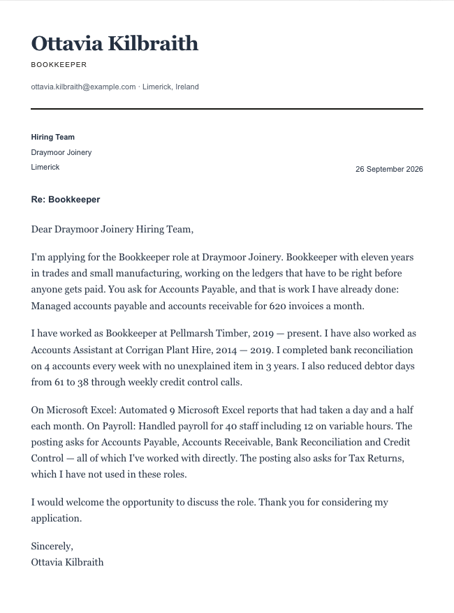 The finished cover letter in the letter builder in the Classic design: sender block, date, recipient block, subject line, salutation, four paragraphs and a sign-off