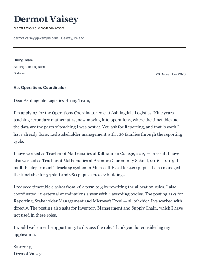 The finished cover letter in the letter builder in the Classic design: sender block, date, recipient block, subject line, salutation, four paragraphs and a sign-off