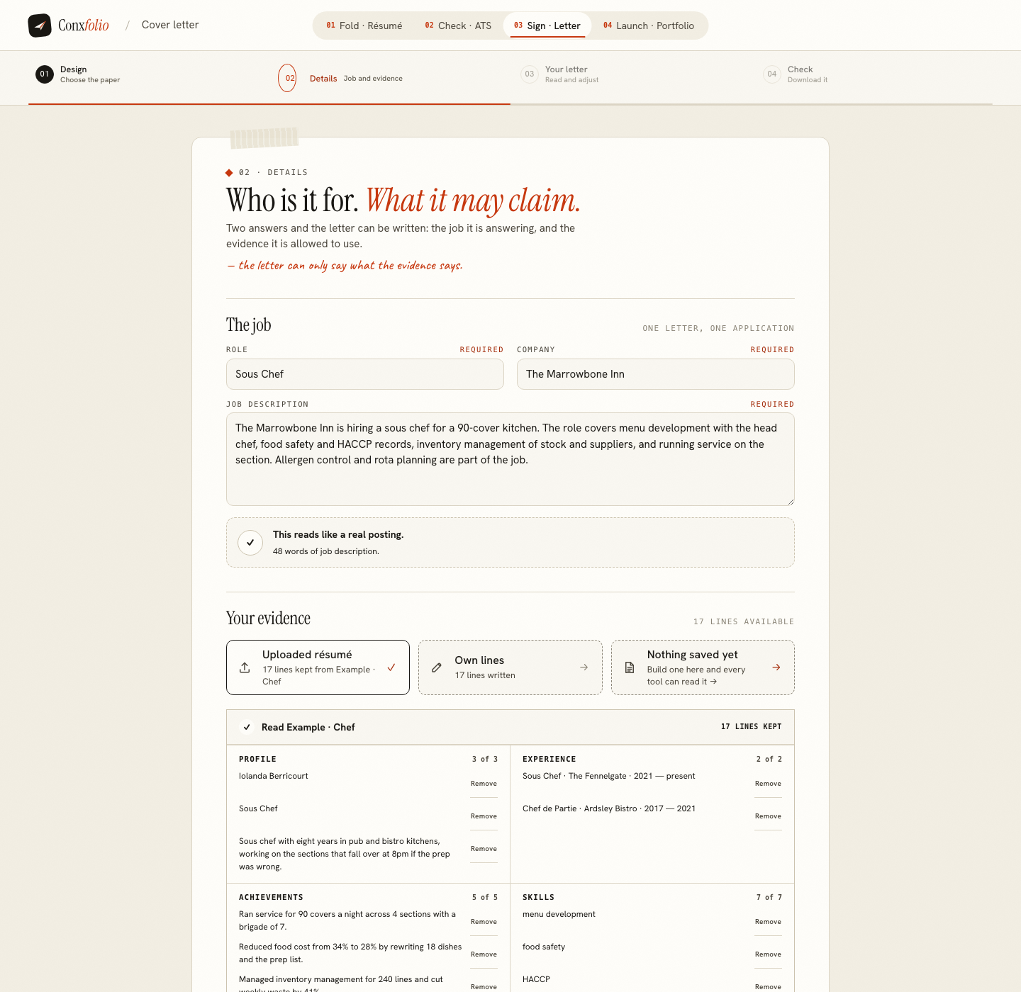 The Conxfolio cover letter builder on step 02 Details, opened by this page's own door, with the role Sous Chef, the company The Marrowbone Inn, the posting and the four evidence groups loaded