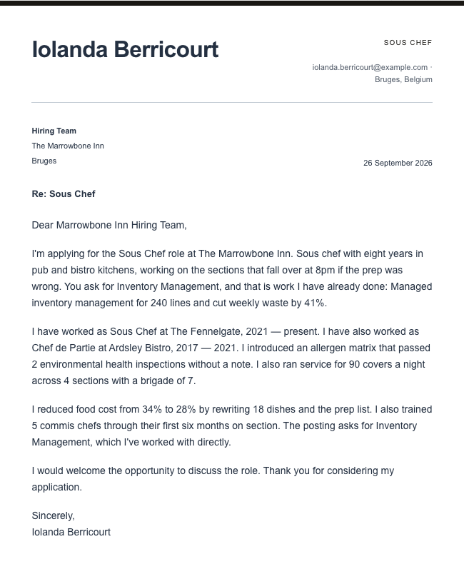The finished cover letter in the letter builder in the Modern design: sender block, date, recipient block, subject line, salutation, four paragraphs and a sign-off