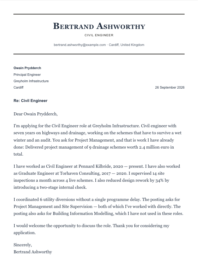 The finished cover letter in the letter builder in the Academic design: sender block, date, recipient block, subject line, salutation, four paragraphs and a sign-off