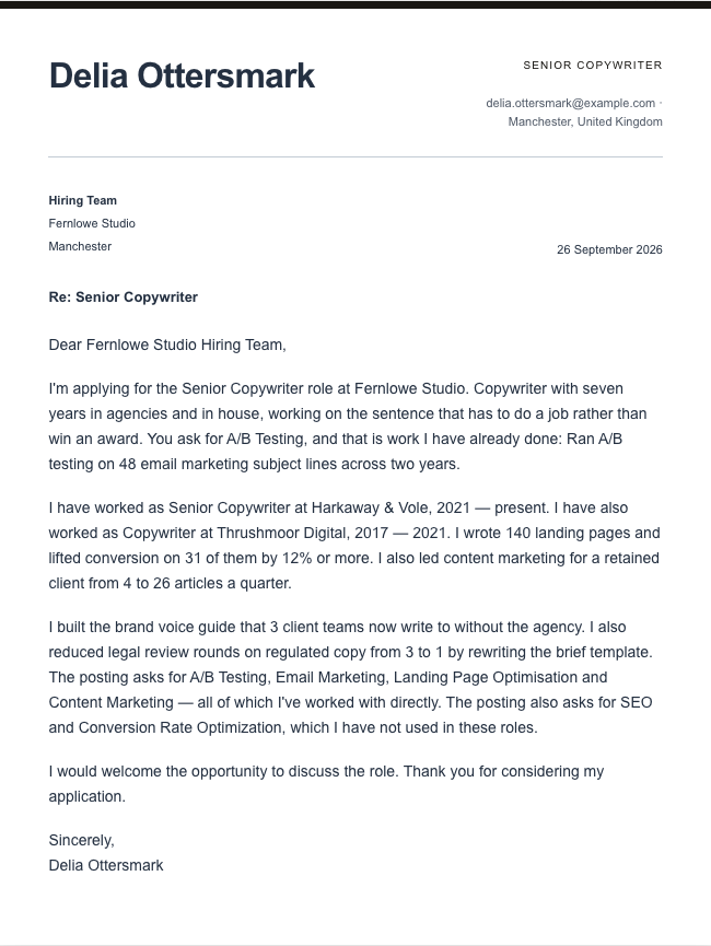 The finished cover letter in the letter builder in the Modern design: sender block, date, recipient block, subject line, salutation, four paragraphs and a sign-off