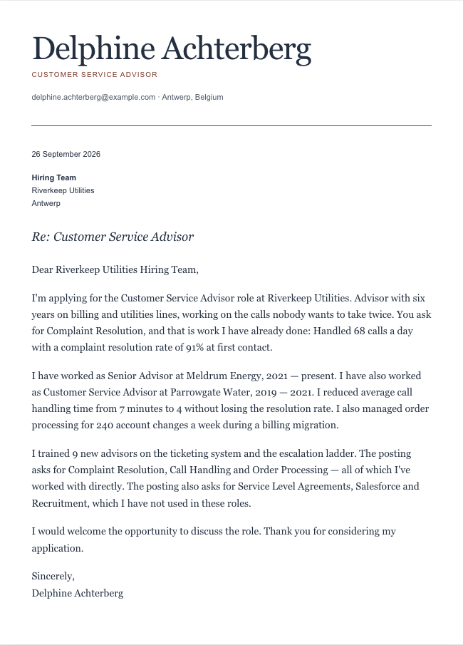 The finished cover letter in the letter builder in the Editorial design: sender block, date, recipient block, subject line, salutation, four paragraphs and a sign-off