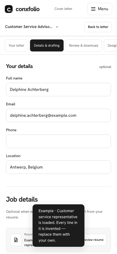 The same Details & drafting section on a 390 pixel phone screen, showing the role, the company and the posting loaded from the example