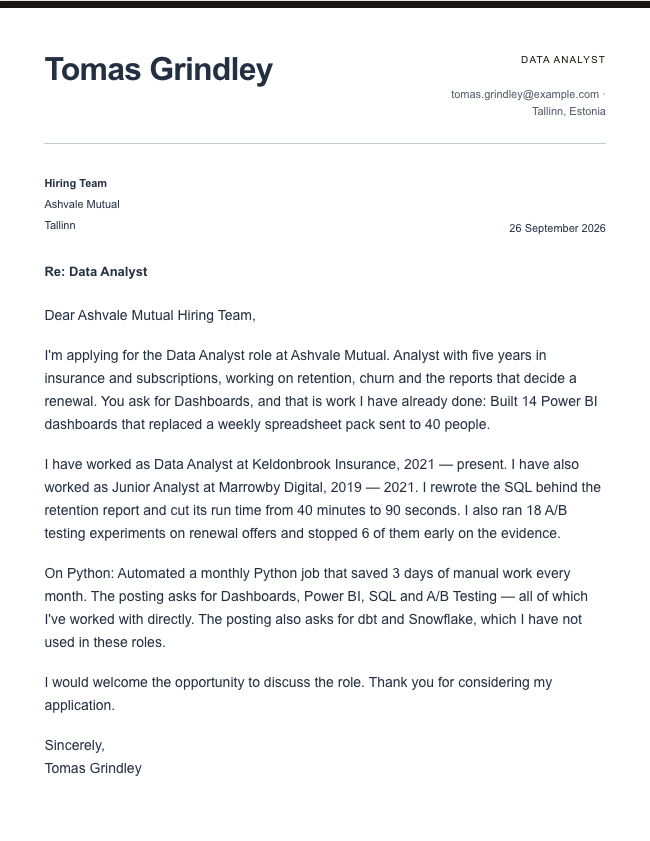 The finished cover letter in the letter builder in the Modern design: sender block, date, recipient block, subject line, salutation, four paragraphs and a sign-off