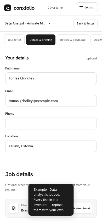 The same Details & drafting section on a 390 pixel phone screen, showing the role, the company and the posting loaded from the example