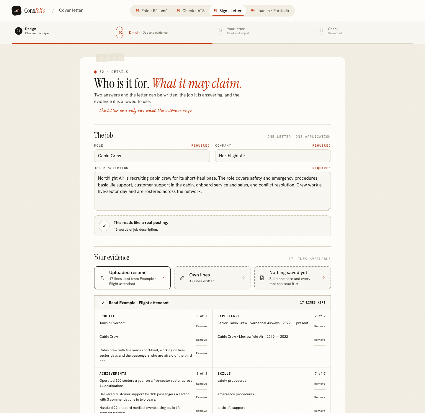 The Conxfolio cover letter builder on step 02 Details, opened by this page's own door, with the role Cabin Crew, the company Northlight Air, the posting and the four evidence groups loaded